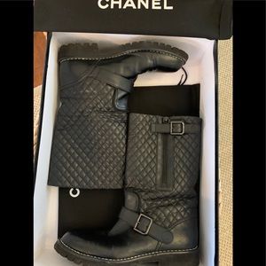 CHANEL black quilted leather CC mid calf boots 10